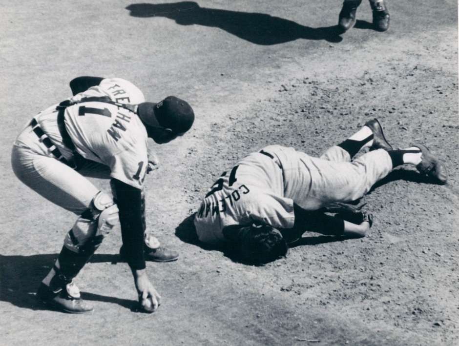 Catcher Bill Freehan checks on his pitcher Joe Coleman, who was hit in the head by a line drive March 27, 1971